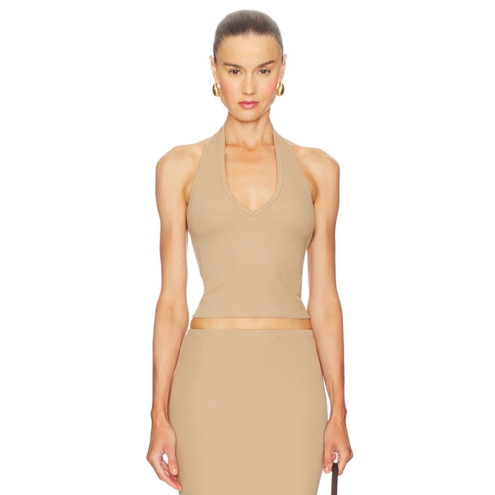 ÉTERNE Cropped Halter Top Women M Taupe V-Neck Minimalist Casual USA